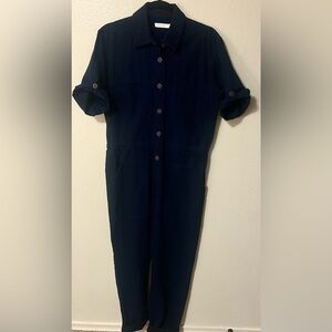 Dark Blue Denim Button-Front Jumpsuit